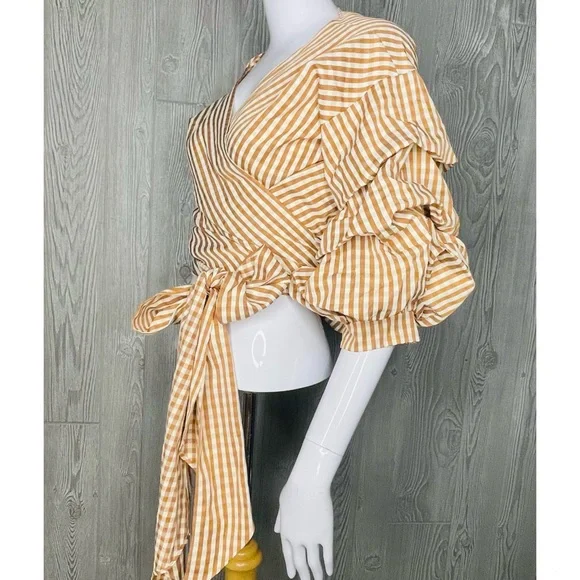 Maac London hull tie wrap shirt with puff sleeves and long wrap ribbon cotton m